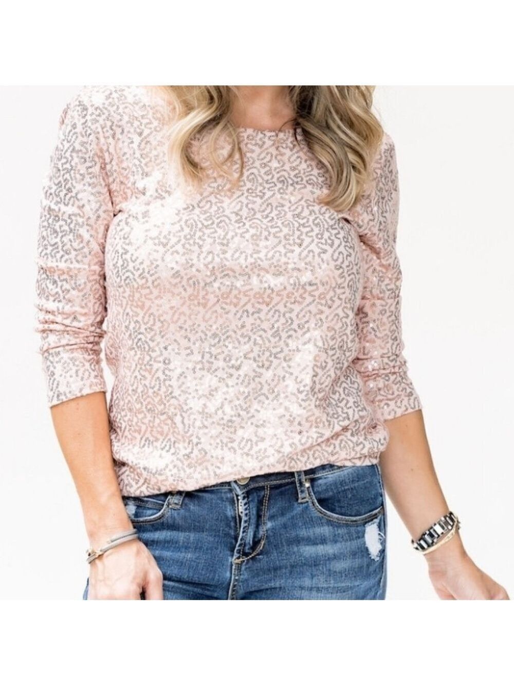 Gibson Pink Megan Sequin Top Large 3/4 Sleeve